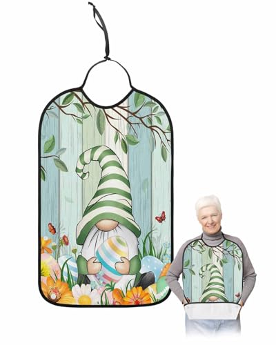 Easter Gnomes Adult Bib for Adults Men, Women, Spring Easter Eggs Colored Flower Washable & Adjustable Terry Cloth Bib with Crumb Catcher Reusable Waterproof Clothing Clothes Protector Apron