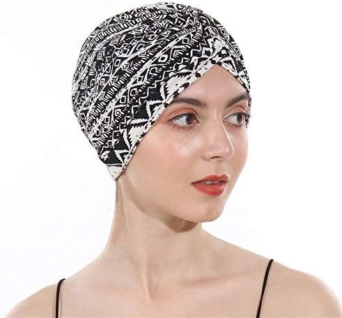 Women’s Cotton Turban Elastic Beanie Printing Sleep Bonnet Chemo Cap Hair Loss Hat