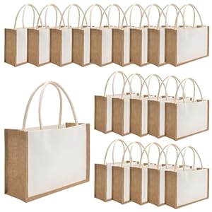 20 Pack Burlap Tote Bags Jute Tote Bags Reusable Water Resistant Beach Bag Blank Canvas Grocery Bag for Women Bridesmaid Wedding Gift DIY 12.6 x 8.3 x 5.1 Inch