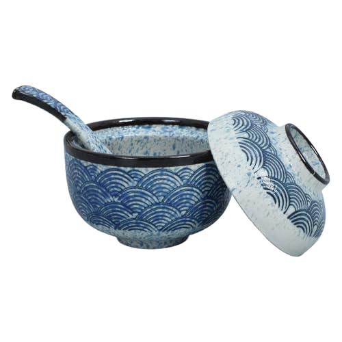 HEANUJJ Juego de Cuencos Japoneses de Cerámica para Sopa Miso y Ramen, Tapa y Cuchara, Adecuado para Hoteles y Fiestas