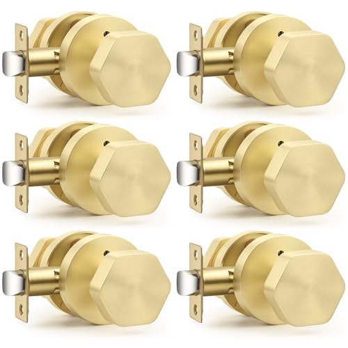Probrico Privacy Brushed Brass Door Knobs, Hexagon Door Knobs for Bedroom Bathroom, Gold Door Knob Interior with Push Button, 6 Pack, 2026 NEW