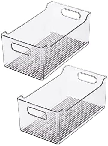 Cesta organizadora de plástico moderna con parte frontal abierta y asas integradas para organización de cocina, estante de heladera, cubículo, gabinete o despensa, colección Ligne, paquete de 2, transparente