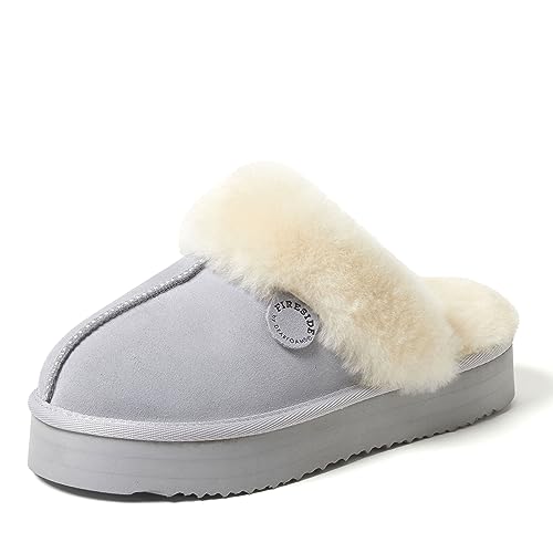 Dearfoams Womens Fireside Sydney Shearling Fur Indoor/Outdoor Scuff With Wide Widths Slipper, Sleet Platform, 11 by Fireside by Dearfoams - Used condition - US$14.14