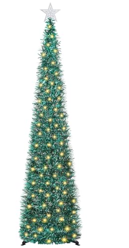 SINTENILL 6 FT Pop Up Christmas Tree with 100 LED Timer Lights & Remote, Green Collapsible Christmas Tinsel Tree Artificial Pencil Tree Xmas Decoration for Holiday Home Office Party, USB Powered