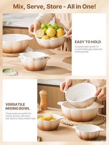 Ceramic Soup Bowls with Handles Set of 3, Kitchen Food Storage Bowls for Prepping and Baking, Cute Ramekins, Baking Dishes for Dessert, Salad, Ideal for Cooking and Serving, Mothers Day Gifts — view 2
