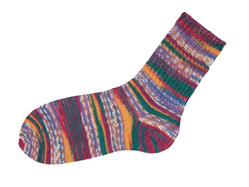 Gründl Hot Socks Lazise, 4-fach, 100 g Tannengrün/Rot/Honiggelb/Blau/Weinrot-Meliert