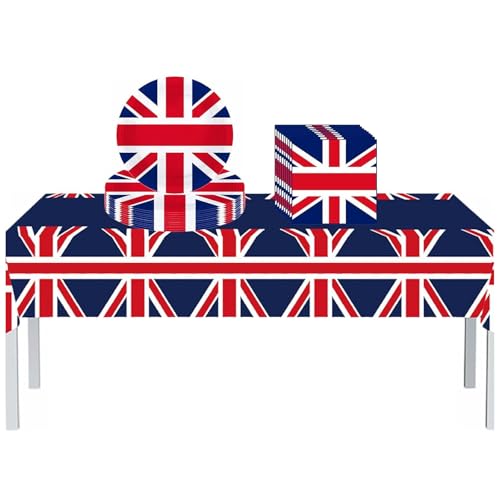 Union Jack Party Tableware Set 37Pcs VJ Day Flag Plastic Table Cloth Paper Plates Napkins UK Flag Great Britain Dinnerware Set for VJ Day 80th Anniversary Decorations Royal Union Jack Party Supplies