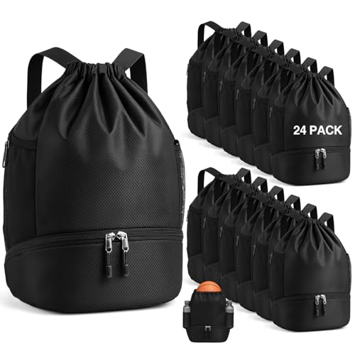 Image of 24 Pcs Gym Drawstring Backpack Bags Bulk with Shoe Compartment for Sports Wet Proof Pocket for Men Women Large (Black)