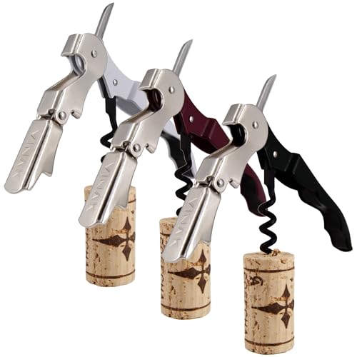 VINAK - Pack de 3 sacacorchos CAMARERO profesionales en acero inoxidable con abrebotellas + doble apoyo articulado + navaja cortacápsulas y espiral teflonada