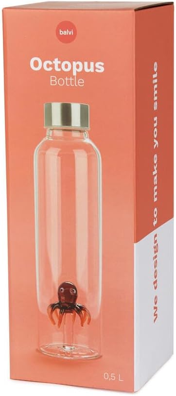 Balvi Octopus 0.5 Litre Water Bottle with Stainless Steel Drip Stopper - Can be placed on your bedside table or at