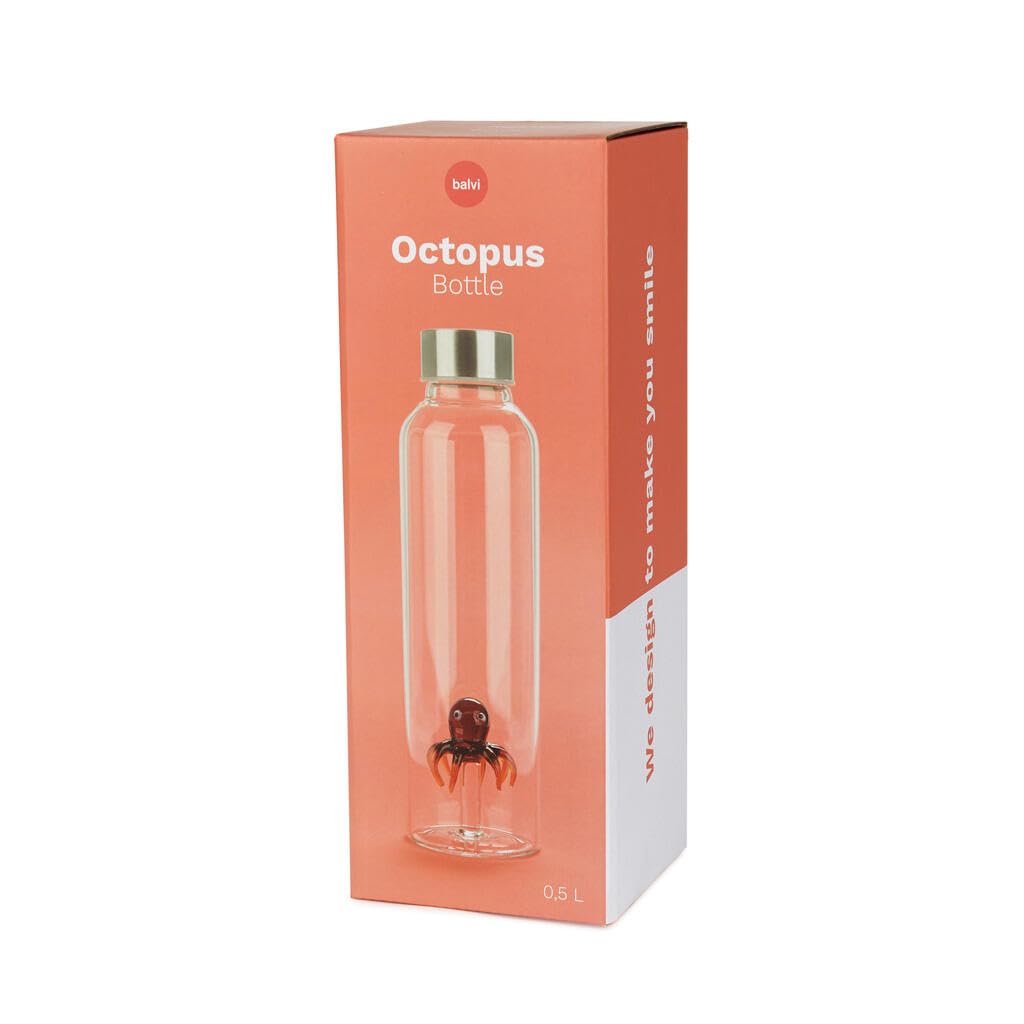Balvi Bottiglia Octopus per Acqua 0,5 L Tappo antigoccia in Acciaio Inox Ideale Comodino e Ufficio Bo