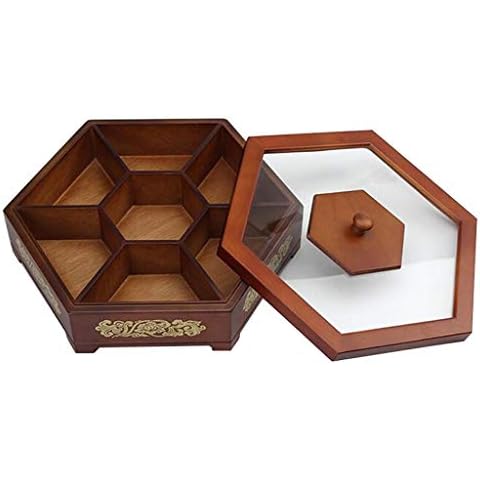 Haocloud Fruit Basket Bowl Wooden Dried Fruit Box with Lid Compartment, Home Creative Chinese 6 Candy Box Storage Box, Transparent Lid Tray Snack Nut Storage Box Fruit Bowl(Small) Cover