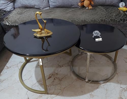 Image of Artlivo Sheesham Wood Nested Coffee Table - Set of 2 | Walnut Finish, Folding, Large Set (Dia 27 & 22 inches) | for Living, Bedroom, Balcony, Garden, Cafe, etc | Powder Coated MS Legs, Round, Glossy