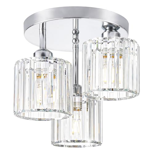 Lxybcce Crystal Ceiling Light Fixture, Chrome Semi Flush Mount Ceiling Light Fixture, 3-Light Hallway Lighting with Clear Crystal Shades for Kitchen Entryway Bedroom Bathroom Foyer, E26