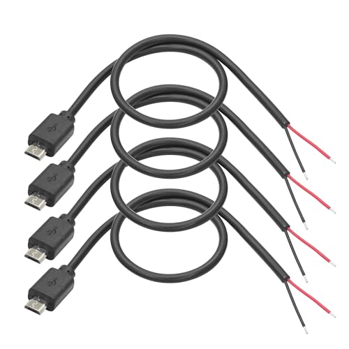 Aurorapath 4Pcs 11' Micro USB Male to 2-Pin Bare Wire Pigtail, 5V/3A Power Cable Open End for Easy...
