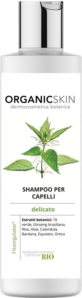 Organicskin Champú suave para cabello fino y delicado, extractos botánicos de té verde, ginseng brasileño, arroz, aloe, caléndula, bardana, cola de caballo, ortiga