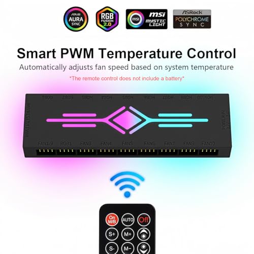 Image of ZORBES 10-Port ARGB Fan Hub with Remote Control, Magnetic PWM Fan Hubs Fan Splitter for 5V 3-Pin ARGB Ports, SATA Powered RGB Hub PWM Temperature-Controlled for PC Cooling