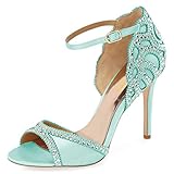 XYD Peep Toe Rhinestones Crystal Studs Wedding Bride Sandals Ankle Buckle Strap Pencil Heel D'Orsay Dress Pumps Shoes for Women Size 7 Turquoise 10-13cm