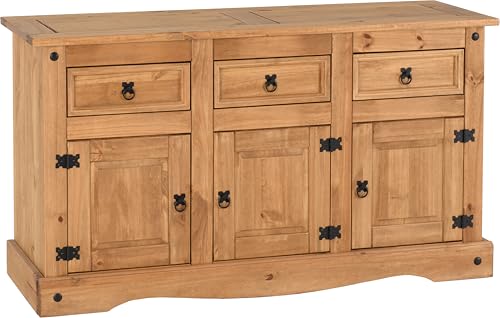 Seconique Corona 3 Door 3 Drawer Sideboard in Distressed Waxed Pine