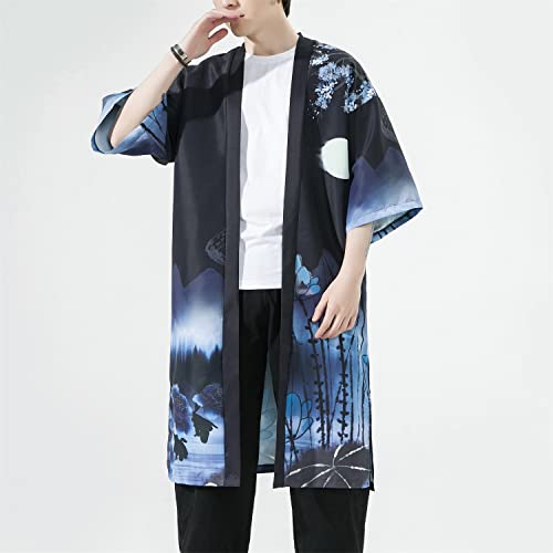 Image of Seidarise Men's Haori, Long Kimono Cardigan Jacket Japanese Style Flying Crane Seven Sleeves Open Front Coat