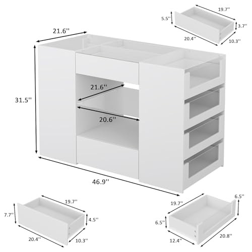 LIVAUVEAD Closet Island with Drawers, Wardrobe Armoire Bedroom Island, Glass Display Shelf & 12 Drawers, White Dresser with Glass Top, Walk-in Closet Island for Bedroom, Cloakroom