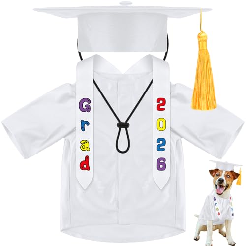 Chicingyou Small Dog Graduation Cap and Gown 2026 with Stole Washable Shirt and Hat Pet Graduation Gown Costume Outfit for Tiny Dog Little Cat Doll Clothes Holiday Halloween Costume Accessory (White) by Chicingyou - Used condition - US$12.81