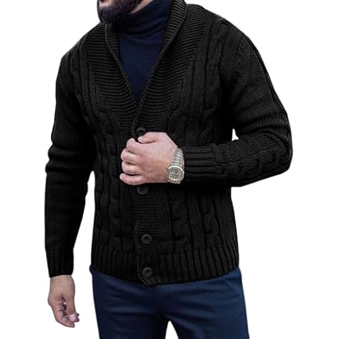 Makkrom Mens Cardigan Shawl Collar Sweater Button up Slim Fit Cable Knit Long Sleeve Sweater Black Cover