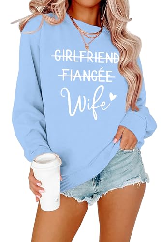 JINTING Girlfriend Fiancee Wife Sweatshirt Women Honeymoonin Shirts Bride Honeymoon Vacation Engagement Gift Shirt Pullover Light Blue