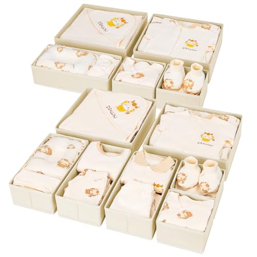 DIMJ Drawer Organizer Clothes 12 Pack - Foldable Baby Organizers and Storage & Dresser Organizer for Bedroom, Closet - Nursery Organization Dresser Dividers for underwear, Sock,Bra, Belt, Tie, Beige