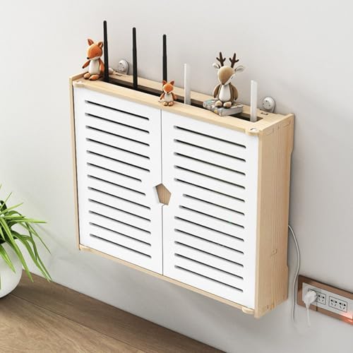 MNOIINM Router Shelf Wall-Mounted, WiFi Router Storage Cabinet with Doors, WiFi Box Cover Power Strip Protector, Decorative Cable Management Hider for Home Office(35×25cm,Single Layer)