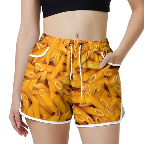 AYUNIX Women's Running Shorts with Pockets Quick Dry Performance Shorts for Women Chees Macaroni Athletic Workout Gym Shorts White