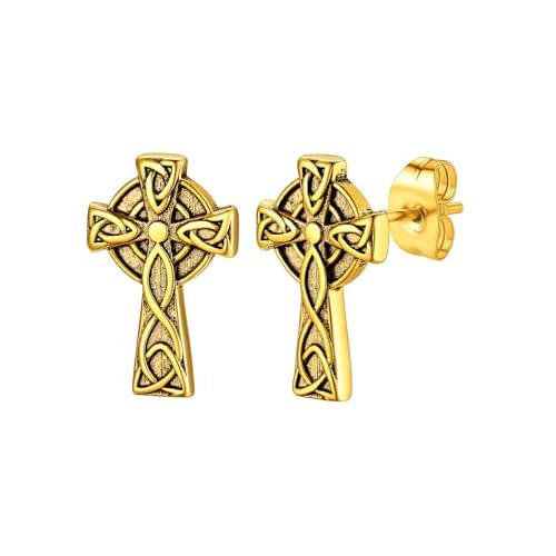 ChainsHouse Viking Earrings for Men, Raven Skull/Celtic Cross Ear Studs, Stainless Steel/Black/Gold Plated Punk Gothic Earrings, Lightweight Hypoallergenic Stud Jewelry with Gift Box C-Celti