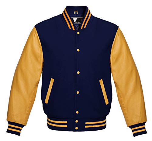 Image of Premium Letterman Baseball School College Bomber Varsity Jacket Purple & Gold Genuine Leather Sleeves