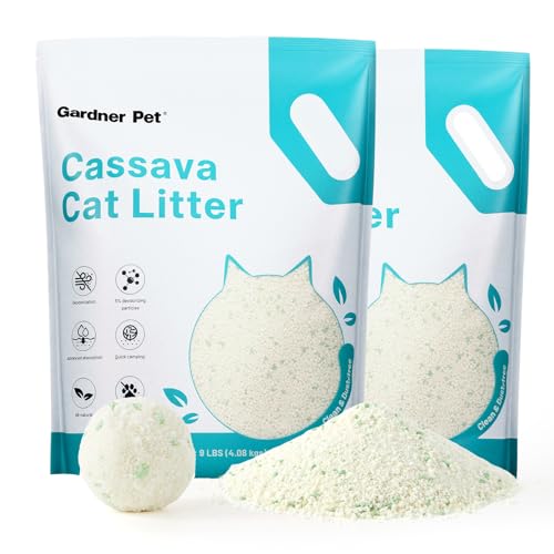 Gardner Pet Cassava Cat Litter, Clumping Cat Litter with Odor Control, Low Dust, Natural Plant-Based Litter, Fast Absorption & Low Tracking Kitty Litter, Unscented with Deodorizing Pellets (9LBS*2)