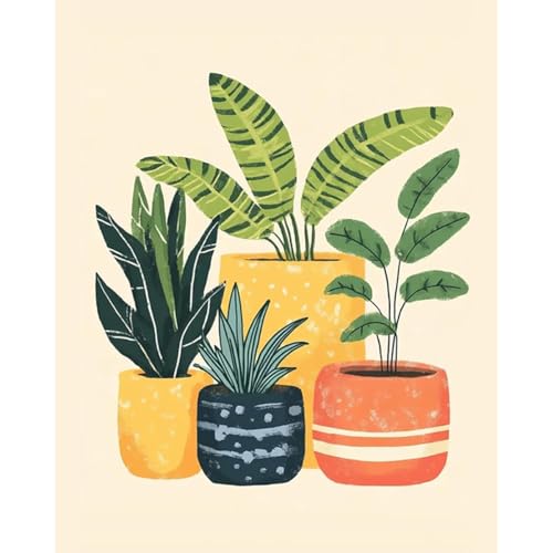 Image of HASTHIP DIY Paint by Numbers Kit for Adults & Kids, Potted Green Plants Painting on Canvas, Modern Botanical Wall Art Acrylic Painting Set with Brushes & Numbered Pigments, 40x50cm