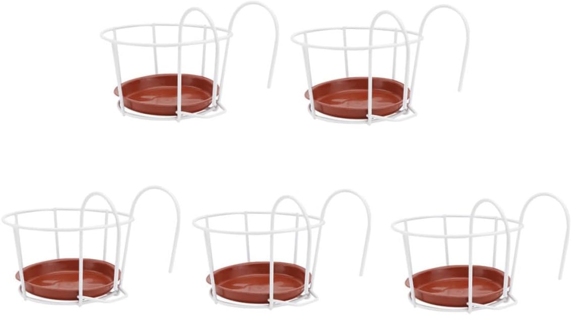 5 Sets Hanging Iron Flower Rack Plant Holder for Balcony Railing with White and Red Trays, Small Size Decorative Pot Stand Suitable for Outdoor Succulents and Green Plants