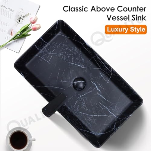 Image of QUALITO Designer Table Top Wash Basin for Bathroom, Living Room, Hall, Dinning Room | Big Size Ceramic Vessel Sink /Basin | Matt Finish Marble Vanity Basin (24x14x5 Inch, Livon)