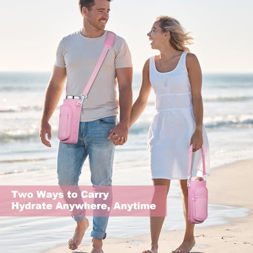 Image of Water Bottle Holder with Strap, Water Bottle Carrier Bag with Phone Pocket, Shoulder Hand Strap Insulated Neoprene 32 oz Water Bottle Sleeve for Walking Hiking Camping Gym(Pink)
