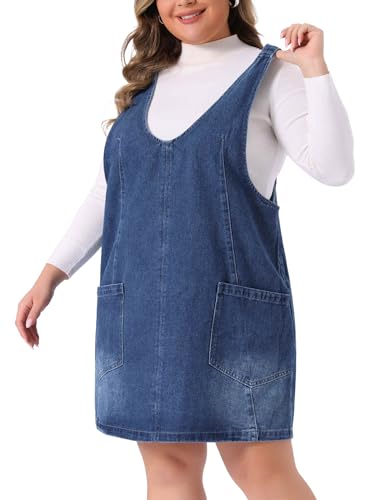 Image of Agnes Orinda Plus Size Denim Overall Dress for Women Sleeveless V Neck Denim Jumper Dress with Pocket