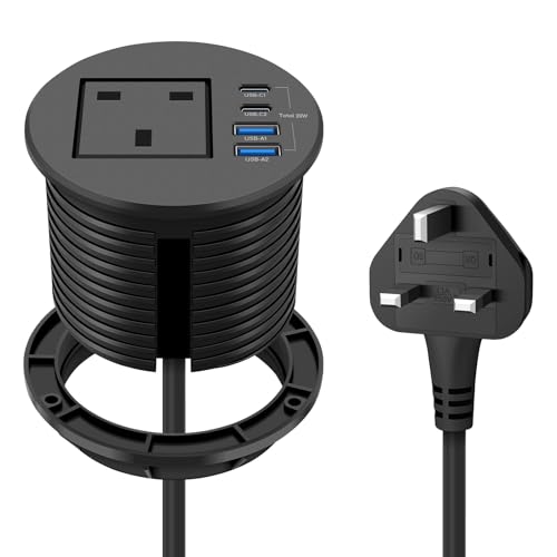 Recessed Power Socket with 1 UK Plug, 20W Fast Charging USB-C Port, Desk Power Grommet 80mm, Seamless Flush Mount - Make Your Desktop Tidier, Workspace Essential Desk Socket (Black)