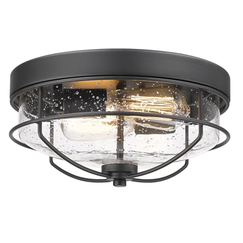 Hwh Investment 5HTJ7-F BK Flush Mount Ceiling Light Fixtures, 12 Inch 2-Light Farmhouse Close To Ceiling Light Fixture With Seeded Glass Shade cover