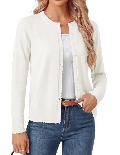 GRACE KARIN White Cardigan Sweaters, Button Down Scalloped Fall Sweater L