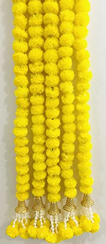 Image of Sphinx Artificial Marigold Fluffy Flowers Garlands for Decoration - Pack of 5 (Clustered Yellow Marigolds, offwhite tuberoses with Bells)