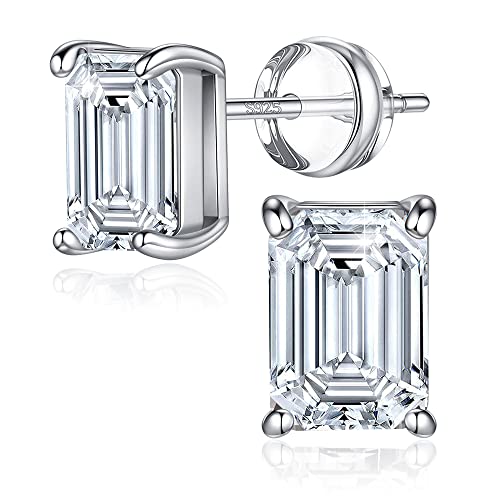 Sterling Silver Emerald Moissanite Earrings for Women, Hypoallergenic s925 Sterling Silver Four Prongs Stud Earrings Emerald Cut 2ct Simulated Diamond Solitaire Moissanite Stud Earrings for Women