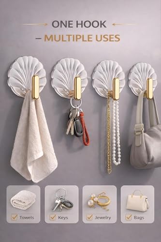 Image of Self Adhesive Hooks for Wall Heavy Duty - 10kg Load Capacity Waterproof Transparent Wall Hooks for Hanging - No Drilling Nail (ProHold Hoo (Shell Shaped Pack of 4)