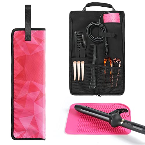 Luxspire Curling Iron Holder, Flat Iron Holder Organizer with Heat Resistant Silicone Mat, Flat Iron Travel Case Storage Bag Pouch for Hair Straightener Curling Wand Hair Straightener Comb Hair Tools