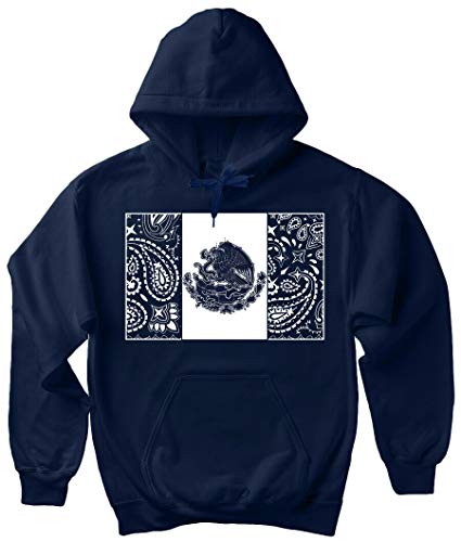 Navy Blue Bandana Mexico Hoodie Cholo Chicano Art Mexican Flag Hooded Sweatshirt - Navy Blue - XXXX-Large