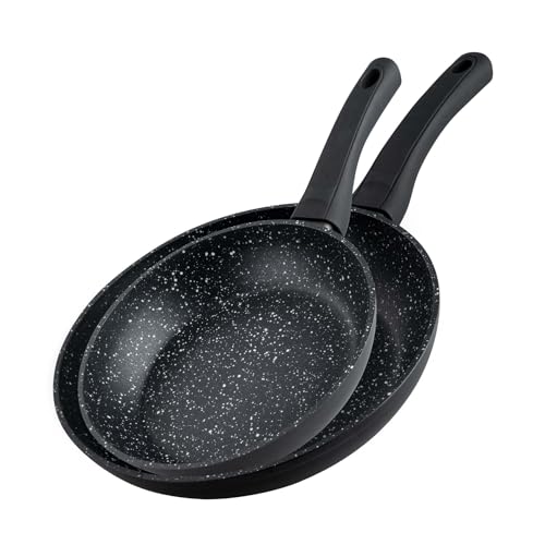 Fackelmann Juego de sartenes Marble de 20 cm y 24 cm, antiadherentes de aluminio 90% reciclado con mango de plástico ergonómico, sartén de inducción para cocinar y freír