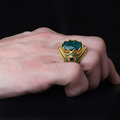 Emerald Stone Men Silver Ring, 925 Sterling Silver Gold Plated Emerald Gemstone Ring, Handmade Engraved Ottoman Turkish Silver Ring With Natural Emerald Stone #TOP3