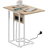 HOMCOM Mesa Auxiliar con Encimera Plegable, Estación de Carga, Mesa Auxiliar para Sofá, Forma de C, con Puerto USB y USB-C, para Salón, Dormitorio, 39x29x57 cm, Blanco y Natural